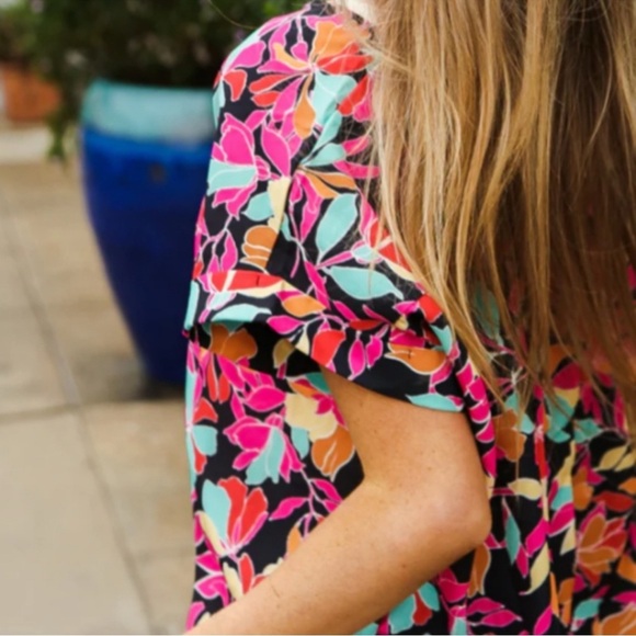 Women Floral V-Neck Top L Boho Vibrant Tropical Flowy Beachy Cruise Resort - Picture 5 of 12